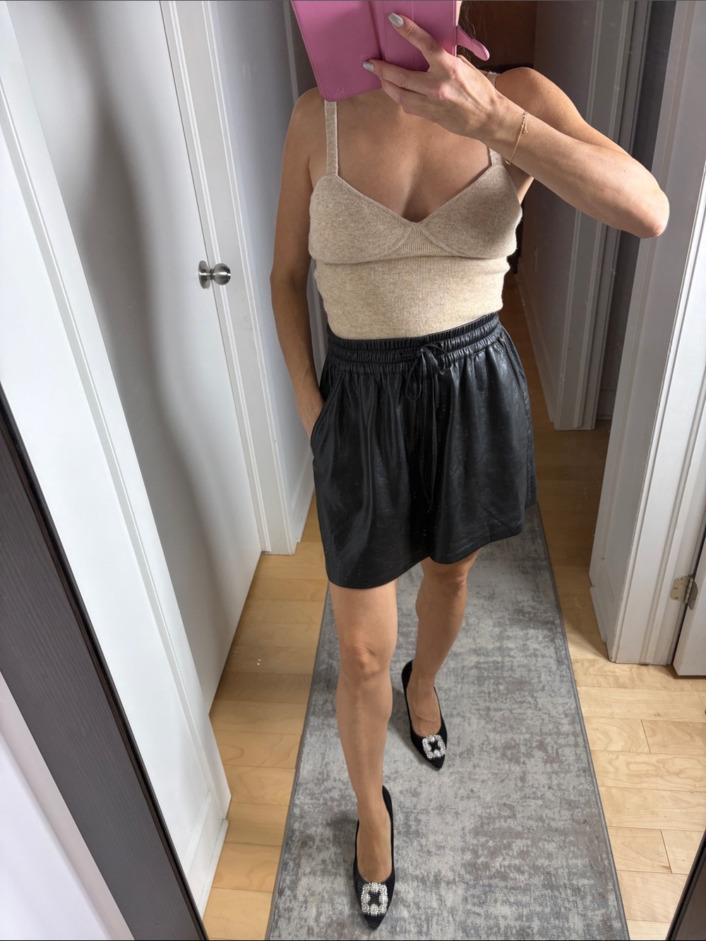 Good American Black Faux Leather Drawstring Bermuda Shorts